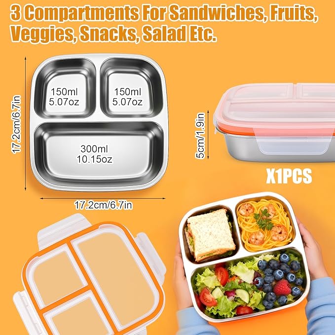 Palksky Lunch Box Containers Stainless Steel, Bento Lunch Box for Adults Men Women, 3-Compartments Metal Food Storage Containers with Leakproof Lids for Travel Picnics Office (1 Pack)