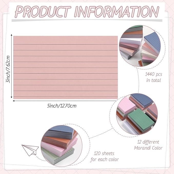 Ctosree 1440 Pcs Colored Index Cards 3 x 5 Inch Flash Cards for Studying Lined Study Note Sheets with Printed Ruled on Both Sides for Studying Memory Learning School, 12 Colors(Morandi Color)