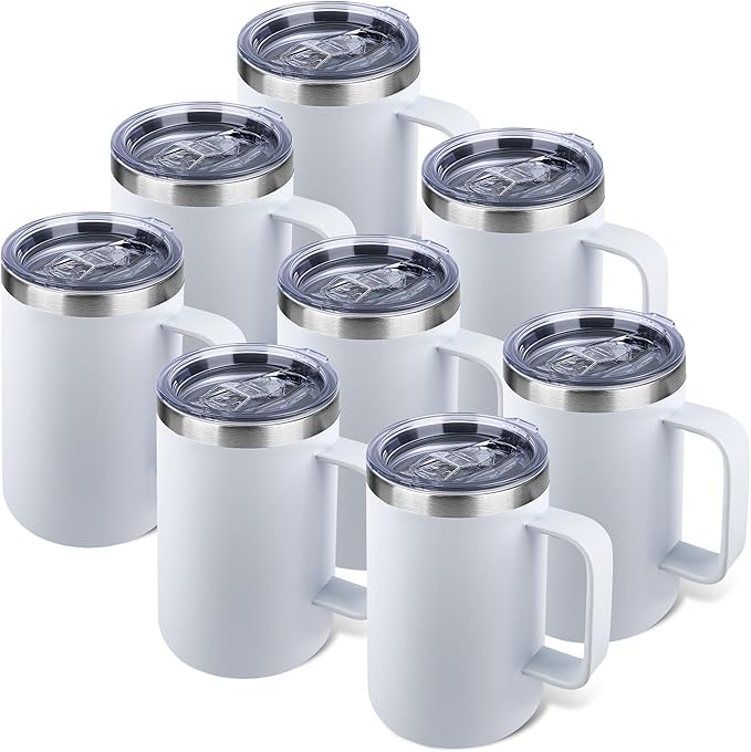 22oz Insulated Coffee Mug with Handle & Leak-Proof Lid - Double Wall Stainless Steel Travel Tumbler Bulk for Commute/Office/Home, White, 8 Pack