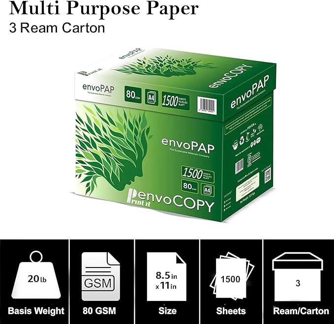 envoCopy TreeFree 100% Recycled Multipurpose Paper, 8.5" x 11", 20 lbs., White, 500 Sheets/Ream (3 Ream)
