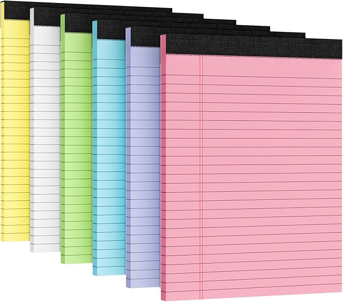 6 Packs Legal Pads 8.5 x 11 Inch, 30Sheets/Pack, College Ruled & Perforated Colored Writing Pads, Pads of Paper 8.5 x 11, Lined Note Pads with Sturdy Backing for Office, Business & School Supplies