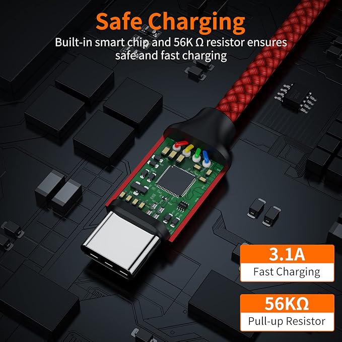 JXMOX USB Type C Cable (6.6ft 2-Pack), USB-A to USB C 3A Fast Charging Cord Compatible with iPhone 15 16 Pro Max, Samsung Galaxy S22 S21 S20 Ultra S10 S9 S8, Note 10 9 8 A80 A70, USB C Charger (Red)