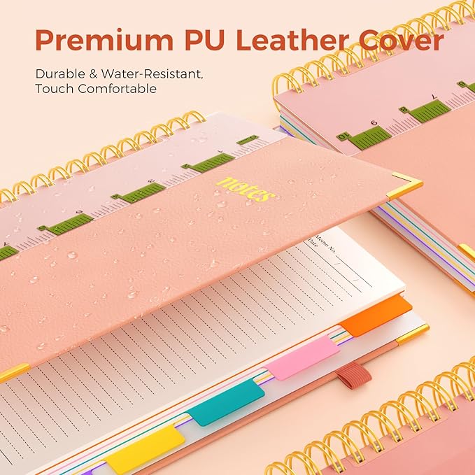 XYark A4 Hardcover Spiral Notebook, 8.5"x11" College Ruled Notebooks with Removable Dividers Tabs & Ruler, 5 Subject Notebook 300 Pages, Large Lined Journal for Women School Work Office, Light Pink