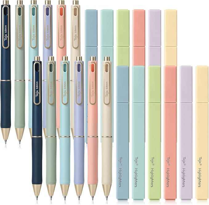 Taja 24 Pack Aesthetic Highlighters and Gel Pens Set, 12 No-Bleed Pastel Highlighters and 12 Black Ink Pens for Bible Study, Journaling, School and Office Supplies