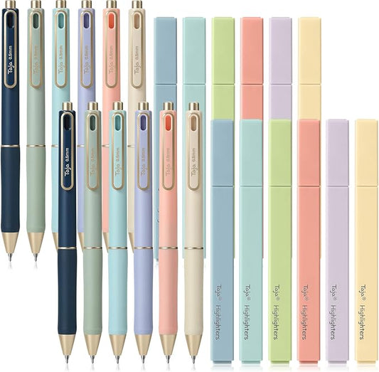 Taja 24 Pack Aesthetic Highlighters and Gel Pens Set, 12 No-Bleed Pastel Highlighters and 12 Black Ink Pens for Bible Study, Journaling, School and Office Supplies