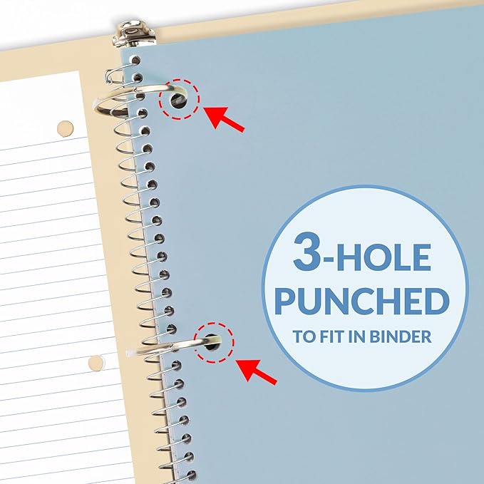 SUNEE Spiral Notebook, 1-Subject, College Ruled Paper, 8" x 10-1/2", 100 Sheets per Notebook, 3-Hole Punched Paper, Water Resistant Cover, Double-sided Pockets, Grey Blue