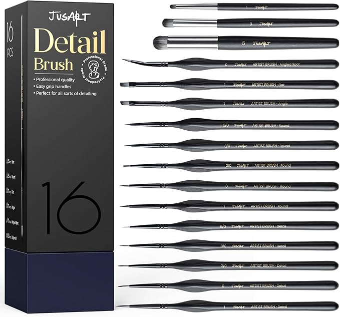 JusArt 16-Piece Detail Paint Brush Set, Miniature Paint Brushes for Models, Acrylic Oil Watercolor, Professional Fine Detail Brushes for Adults & Miniature Painters