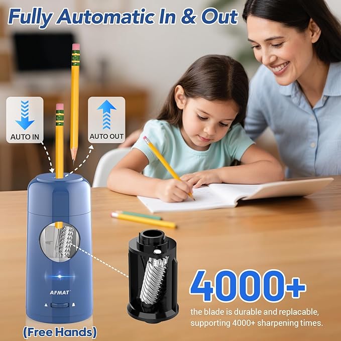 AFMAT Electric Pencil Sharpener, Rechargeable Fully Automatic Pencil Sharpener for Jumbo & Colored Pencils (7-11.5mm), Auto in/Out, Hands-Free, Portable for Home/Classroom/Office PSX6(Blue)