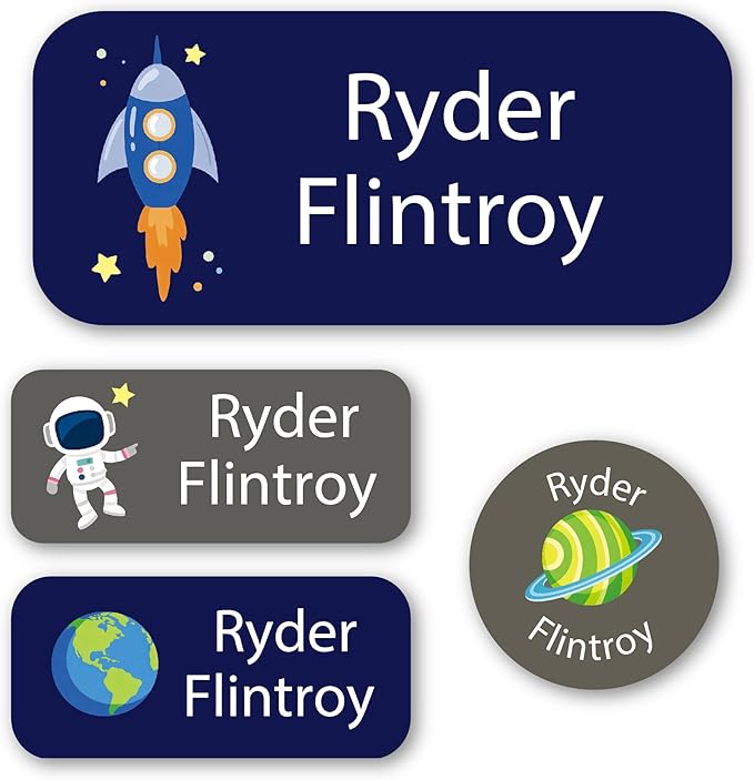 Personalized Kids Name Labels – Waterproof Custom Stickers for Daycare & School, 117 Pack, Dishwasher & Laundry Safe (Space)