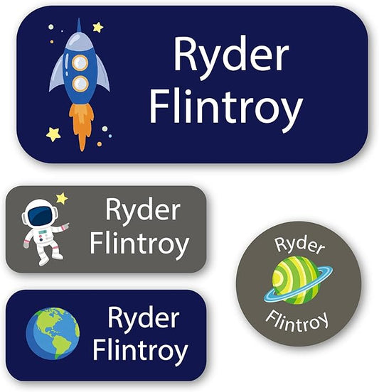Personalized Kids Name Labels – Waterproof Custom Stickers for Daycare & School, 117 Pack, Dishwasher & Laundry Safe (Space)