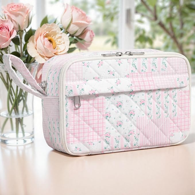 WOBAGMEN Quilted Pencil Pouch for Girls Women, Large Pencil Case Pouch with Compartments Cute Aesthetic Pencil Case Organizer, Floral Pencil Bag for School Supplies (Pink Floral pin)