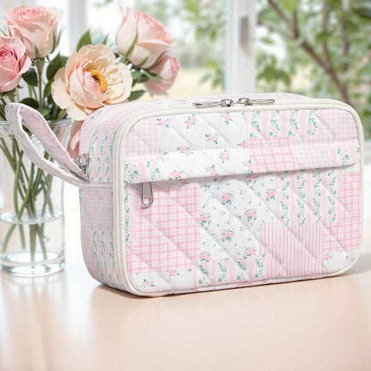 WOBAGMEN Quilted Pencil Pouch for Girls Women, Large Pencil Case Pouch with Compartments Cute Aesthetic Pencil Case Organizer, Floral Pencil Bag for School Supplies (Pink Floral pin)