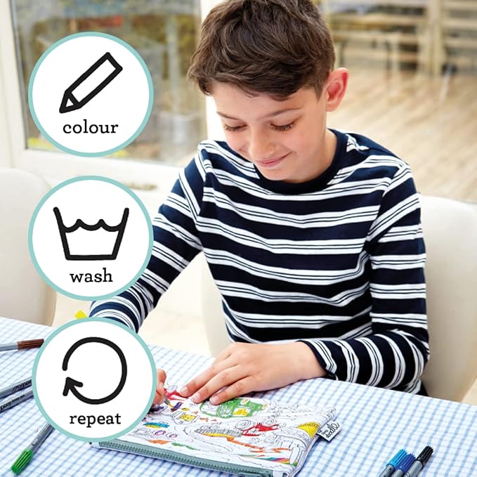 eatsleepdoodle DIY Coloring Cars & Tracktors Pencil Case for Kids with 10pcs Washable Markers, Reusable Art Supply Organizer, Fun Arts & Crafts Activity for Boys & Girls, Creative Gift Idea for Ages