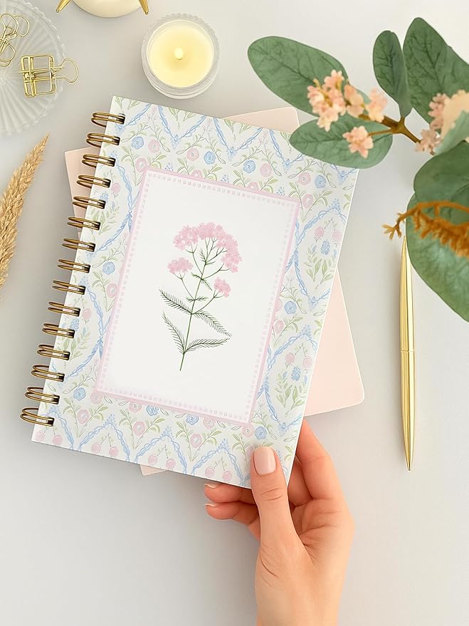 Pink and Blue Floral Spiral Notebook, Grandmillennial Wild Flower Journal for Women, Pastel Preppy Botanical Aesthetic Notebook 5.5x8.3 Inch, Preppy Office Supplies-365