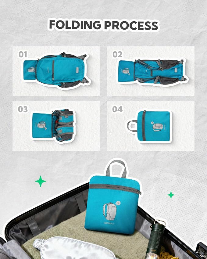 WATERFLY Small Packable Travel Backpack: 10L Ultra-Light Daypack for Adults | 9.2 oz,Water-Resistant Nylon,Breathable Mesh Straps,Reflective Strips,Emergency Whistle,Multi-Pockets,Hiking,Cycling,Commute