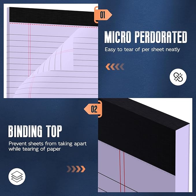 Purple Legal Pad 8.5 x 11 Wide Ruled Note Pads, 3 Pack Notepads 8.5 x 11 Lined Paper Wide Ruled Writing Pad, 30 Sheets Per Note Pad, Micro Perforated Colored Legal Pads for Work/School/Office