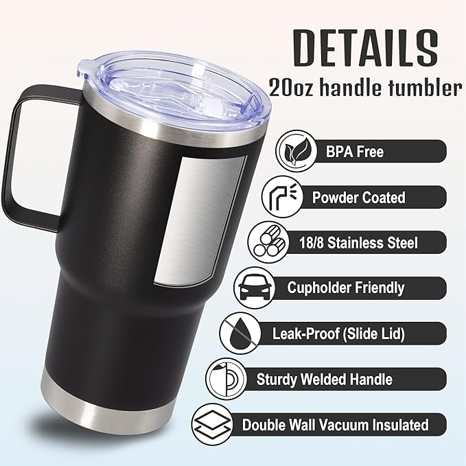 20 oz Tumbler with Handle and Lid, Stainless Steel Tumbler Insulated Travel Coffee Mug, Spill Proof Double Wall Vacuum Tumbler Cup Keep Drink Hot & Cold, Black, 1 Pack