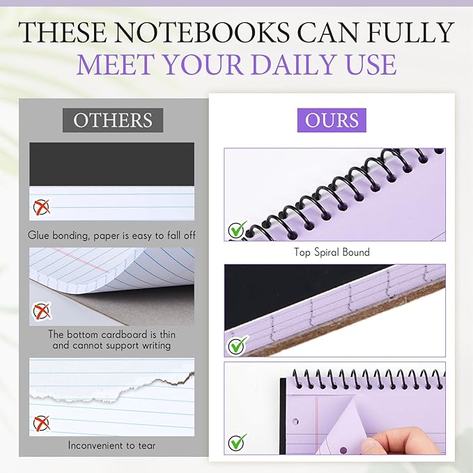 MotiMind 3 Pack 8.5" x 11" Top Spiral Notebook with 3 Hole Punched Purple Legal Pads College Ruled Notepad 50 Sheets Hard Cardboard Paper Wirebound Notepad for Office School Business