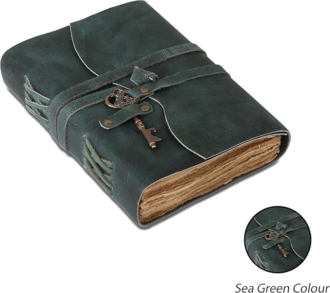 Leather Journal with Deckle Edge Paper 8x6 inch and Vintage Key | Handmade Writing Notebook Diary | Bound Daily Notepad for Men & Women Medium, Sketch/Writing pad for Artists