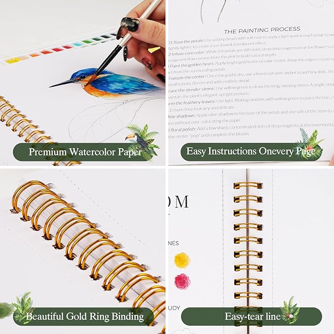 Watercolor Workbook for Beginners,18 Lush Tropics Exotic Rainforest Water Coloring Book,Relaxing & Easy to Paint Water Coloring Book with 24 Colors-Perfect for Gifting to Creativity & Joy for Adults