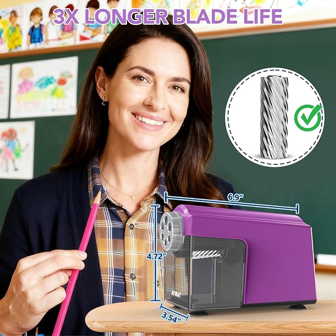 AFMAT Electric Pencil Sharpener for Classroom, 6 Holes, Cordless & Rechargeable, Super Fast, Auto Stop, 10K+ Uses, Heavy Duty Pencil Sharpener for 6-11mm No.2/Large/Colored Pencils PSD4(Purple)