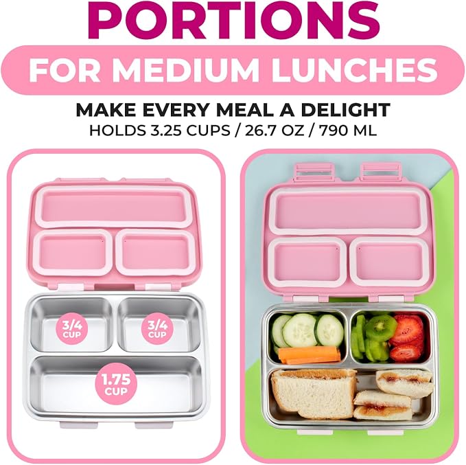 kinsho Stainless Steel Bento Box Lunch Container for Kids Adults, Pink | Heavy Duty, Leakproof Silicone Seals, Eco Metal Removable Tray, Easy-Clean Design, for School or Work Meals, 26 Oz/790 mL
