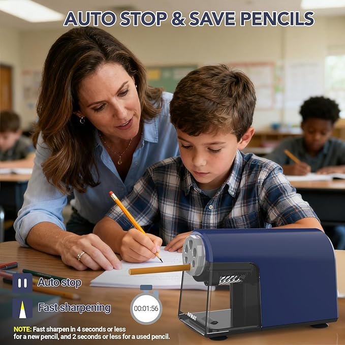 AFMAT Electric Pencil Sharpener for Classroom, 6 Holes, Cordless & Rechargeable, Fast Sharpen, Auto Stop, 10K+ Uses, Heavy Duty Pencil Sharpener for 6-11mm No.2/Large/Colored Pencils PSD2(Blue)