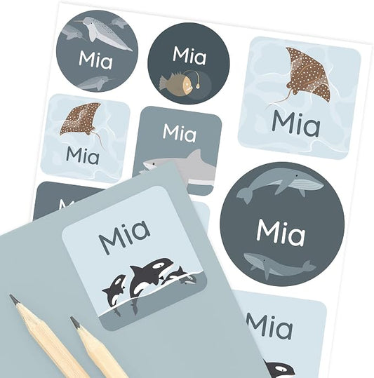 Camp Name Labels for Kids (33) – Custom Waterproof Stickers for Water Bottles, Lunch Boxes, Daycare & School with Unique Designs - The Sea