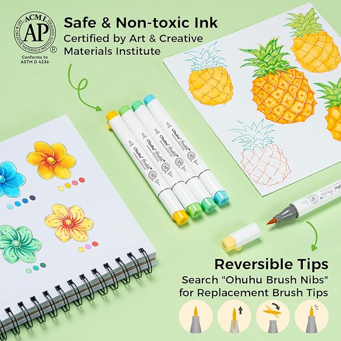 Ohuhu Alcohol Markers Brush and Chisel Tip: 48-Color Double Tipped Art Marker Set for Artist Adults Cozy Coloring Illustrations - Honolulu 2- Brush and Chisel Dual Tips- Refillable - AP Certificated