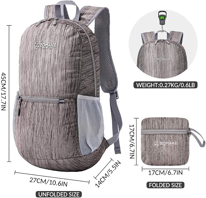 ZOMAKE Lightweight Packable Backpack, 20L Small Foldable Daypack for Hiking | Water Resistant Collapsible Backpacks for Women Men, Everyday Carry,Multi Compartment Storage,Adjustable Strap(Light Grey B3)