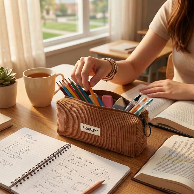 Soft Corduroy Pencil Case Pen Pouch Organizer, Small Stationery Bag | Cute brown pencil pouch, smooth zipper, daily cosmetics holder, compact organizer for school teen girls, women