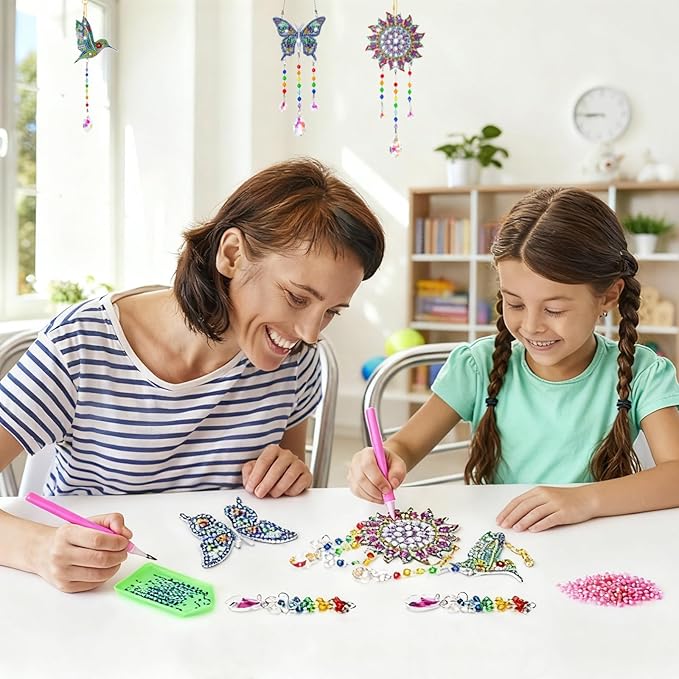 Arts and Crafts for Kids Ages 6-12, Birthday Gifts for 6 7 8 9 10 11 12 Year Old Girls, DIY Diamond Painting Kits for Kids Teens Adults, Butterfly Sun Hummingbird Wind Chimes for Home Garden Decor