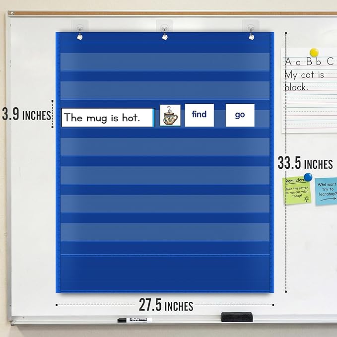 Pocket Chart for Classroom - 7+1 Blue Pocket Chart for Alphabet Learning Word Wall Calendar Daily Schedule Sentence Strips Sticker Display, Teacher Supplies for Preschool Elementary & Home