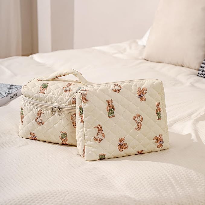 uekeboag Large Travel Quilted Makeup Bag for Women | Soft Floral Cotton Cosmetic Bag, Foldable Coquette Aesthetic Toiletry Organizer