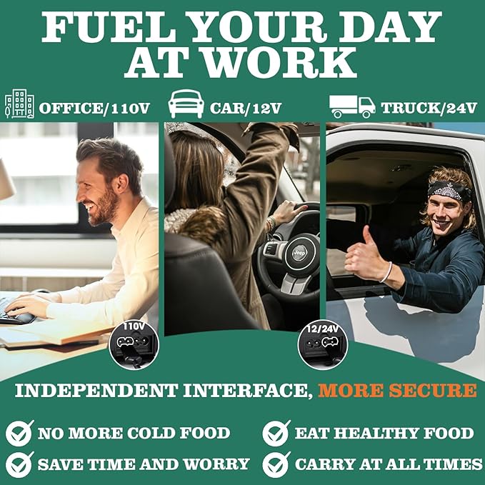 Buddew Electric Heated Lunch Box, 80W Fast Heating, 1.5L Food-Grade 304 Stainless Steel, 12V/24V/110V Portable Food Warmer for Car Truck Office Adults, Lonchera Electrica Portatil (Dark Green)
