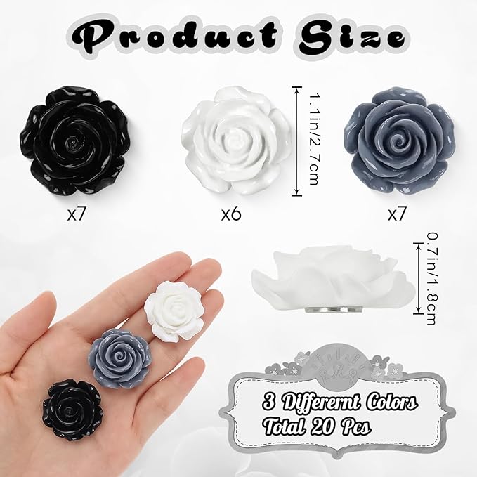20 Pcs Rose Fridge Magnets, 1.1 Inch Cute Flower Fridge Magnets, 3D Colorful Refrigerator Decorative Magnet for Whiteboard Locker Cabinet (Black-3 Colors-Rose)