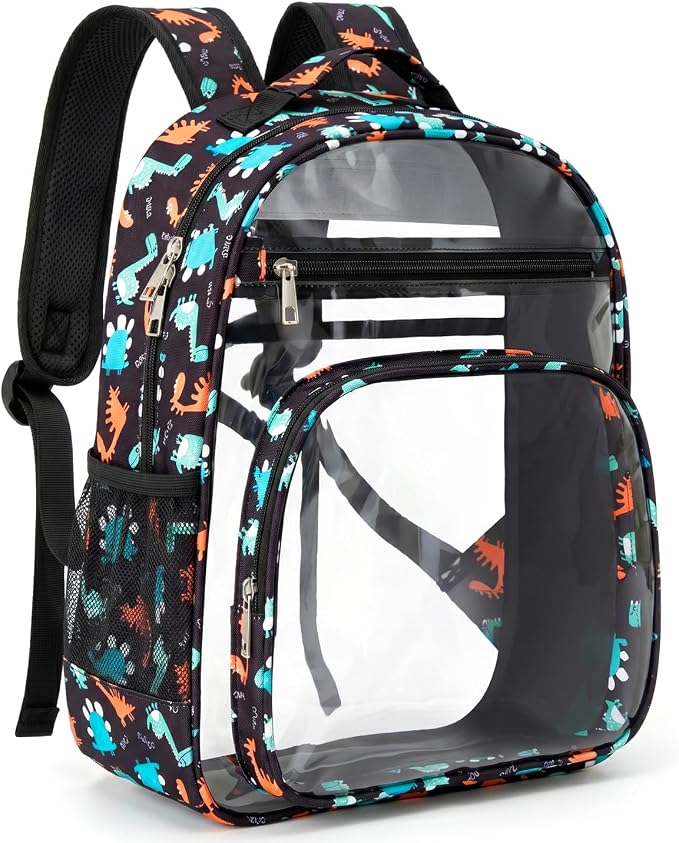 Soimeat Clear Backpack for Girls - Large Kids Clear Bookbag - Fabric & PVC Transparent Backpacks for Elementary School, Black Dinosaur