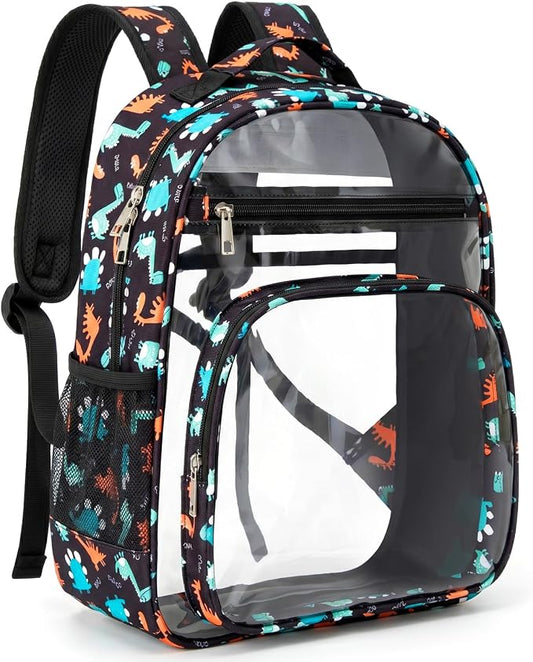 Soimeat Clear Backpack for Girls - Large Kids Clear Bookbag - Fabric & PVC Transparent Backpacks for Elementary School, Black Dinosaur