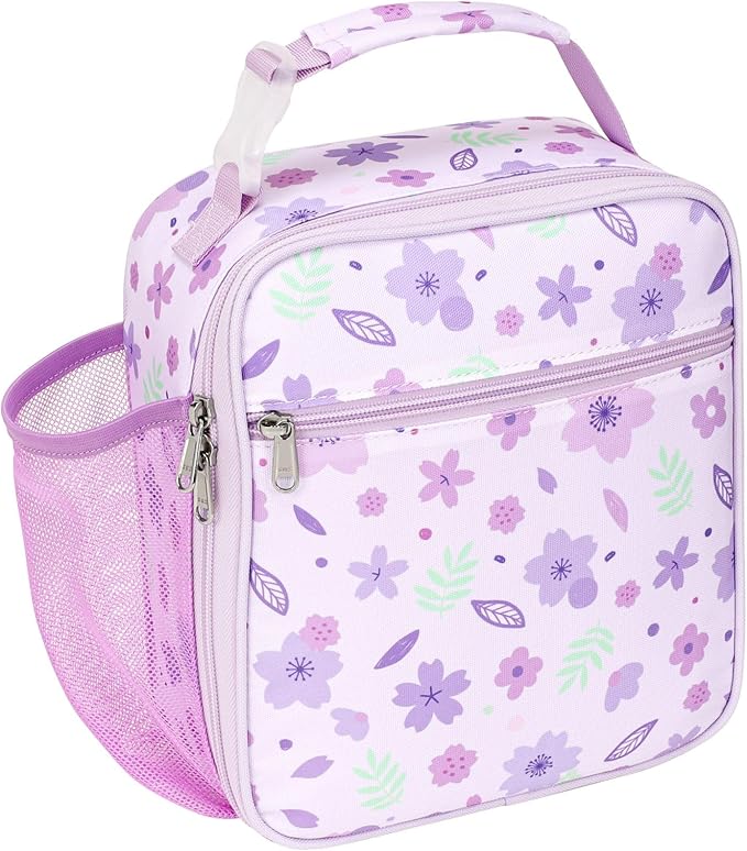 Bagseri Kids Lunch Box for Girls - Insulated Toddler Lunch Bag Fits Bento Box, Reusable Daycare Cooler Tote with Clip Handle, Water-Resistant Lining, Purple Floral