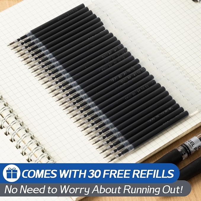 deli Gel Pens, 50 Pcs Retractable Pens Black Ink, 20 Pens with 30 Refills | Medium Point Pen Bulk 0.7mm, Smooth Writing, Fast Dry, No Bleed for Journaling Note Taking, Home School Office Supplies
