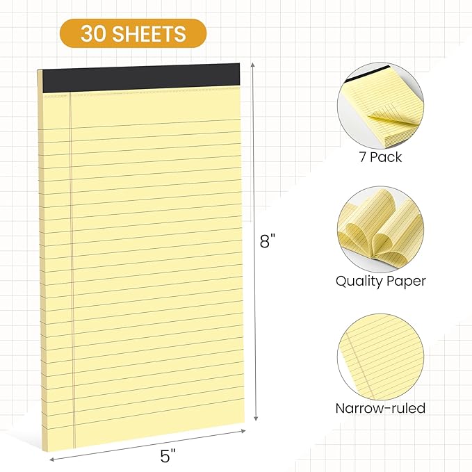 VITEVER Small Note Pads 5x8,[7 Pack] Narrow Ruled Legal Pads,Micro Writing Pads Perforated Lined Note Paper for Study,Office,To-Do Lists,30 Sheet/notepad,Light Yellow