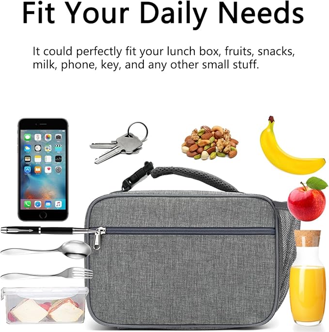 GYEUKHAM Insulated Lunch Box for School, Thermal Reusable Durable Freezable Lunch Bags for Kids Boys Girls Men Women - Small Soft Cooler Portable Lunch Tote Kit for Work Picnic Travel,Grey