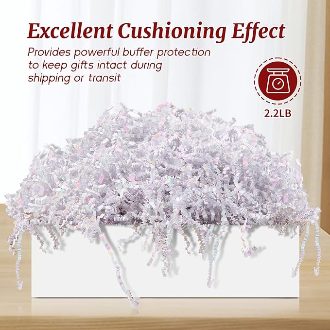 CANIYA 2.2 LB Iridescent Crinkle Cut Paper Shred Filler, Shredded Paper Filling for Gift Basket, Filler Paper for Birthday, Wedding, Anniversaries (Diamond White)