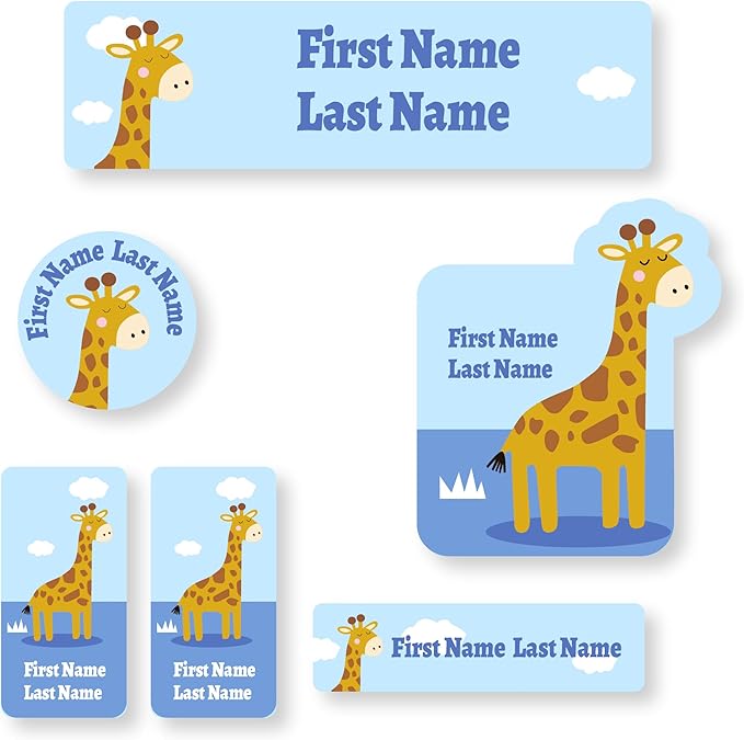 Personalized Kids Name Labels – Waterproof Custom Stickers for Daycare & School, Dishwasher & Laundry Safe (Giraffe - Blue)