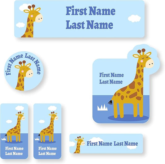 Personalized Kids Name Labels – Waterproof Custom Stickers for Daycare & School, Dishwasher & Laundry Safe (Giraffe - Blue)