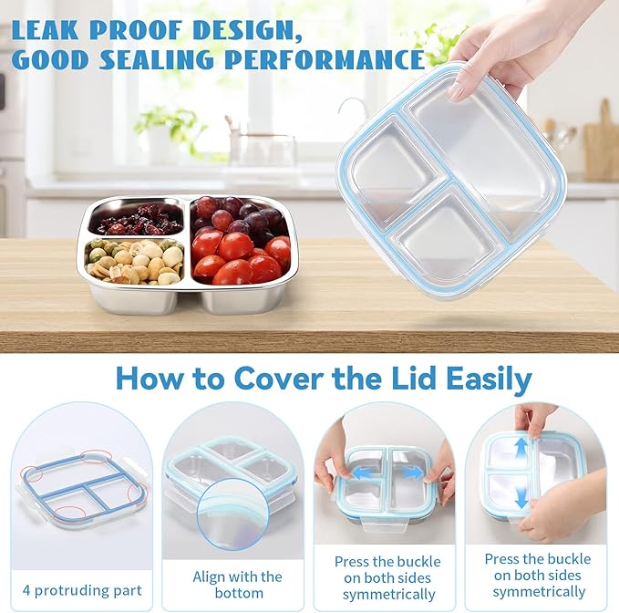 2 Pack Snack Containers for Kids, 3 Compartments Reusable on the go Bento Box with Lids, Stainless Steel Toddler Lunch Box Pre Meal Storage for Daycare School Outdoor Camping - Blue Orange