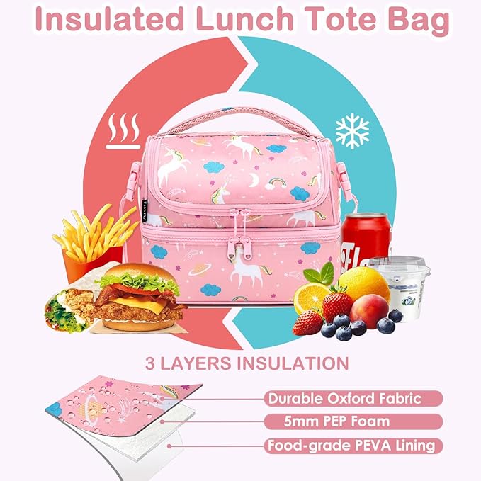 FlowFly Kids Double Decker Cooler Insulated Lunch Bag Large Tote for Boys, Girls, Men, Women, With Adjustable Strap, Unicorn