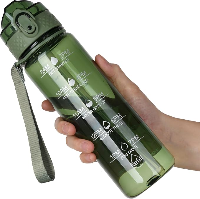OLDLEY 17oz Kids Water Bottle, Tritan BPA-Free, Leakproof Flip Straw Lid, Motivational Time Marker, Carry Strap, Reusable Clear Water Bottle for Boys & Girls,Jade