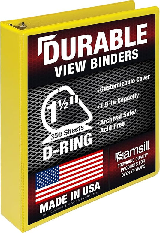 Samsill Durable 1.5 inch 3 Ring Binder, D Ring Binder, 100% Recycled Chipboard, Yellow