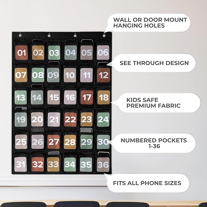 Premium Cell Phone Holder for Classroom - Durable Pocket Chart with 36 Numbered Slots & Hooks - The Perfect Hanging Chart for Phones, Calculators and Headphones Fits Nicely with Any School Decor